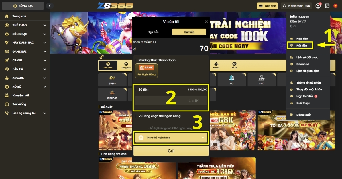Hướng Dẫn Nạp Rút Tiền Cược Thể Thao Tại ZB368 Nhanh Chóng