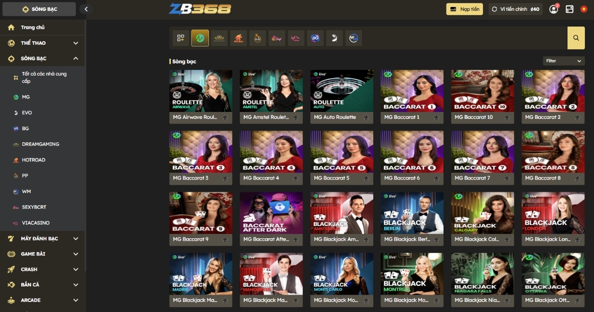 Sảnh live casino MG tại ZB368