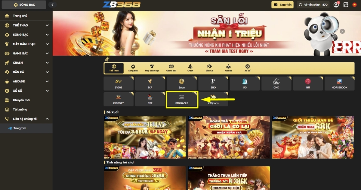 Giao diện sảnh Pinnacle tại ZB368