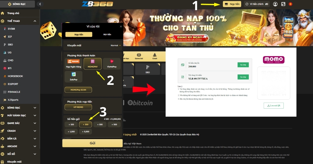 Nạp tiền SV388 bằng Momo Pay