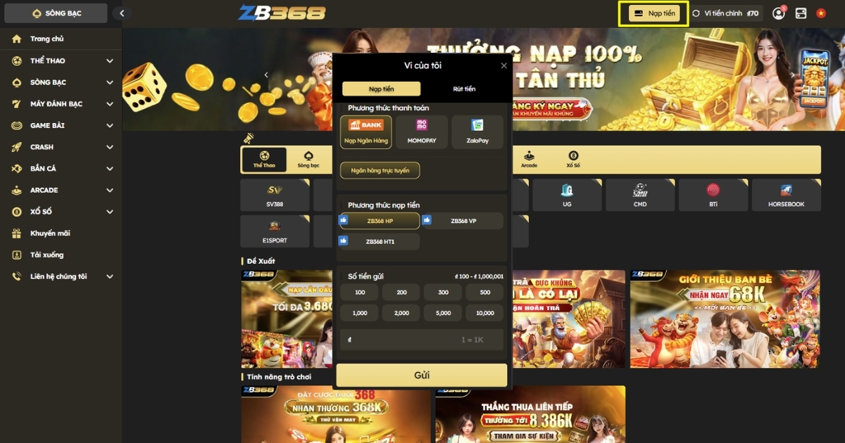Hướng Dẫn Nạp Rút Tiền Cược Thể Thao Tại ZB368 Nhanh Chóng